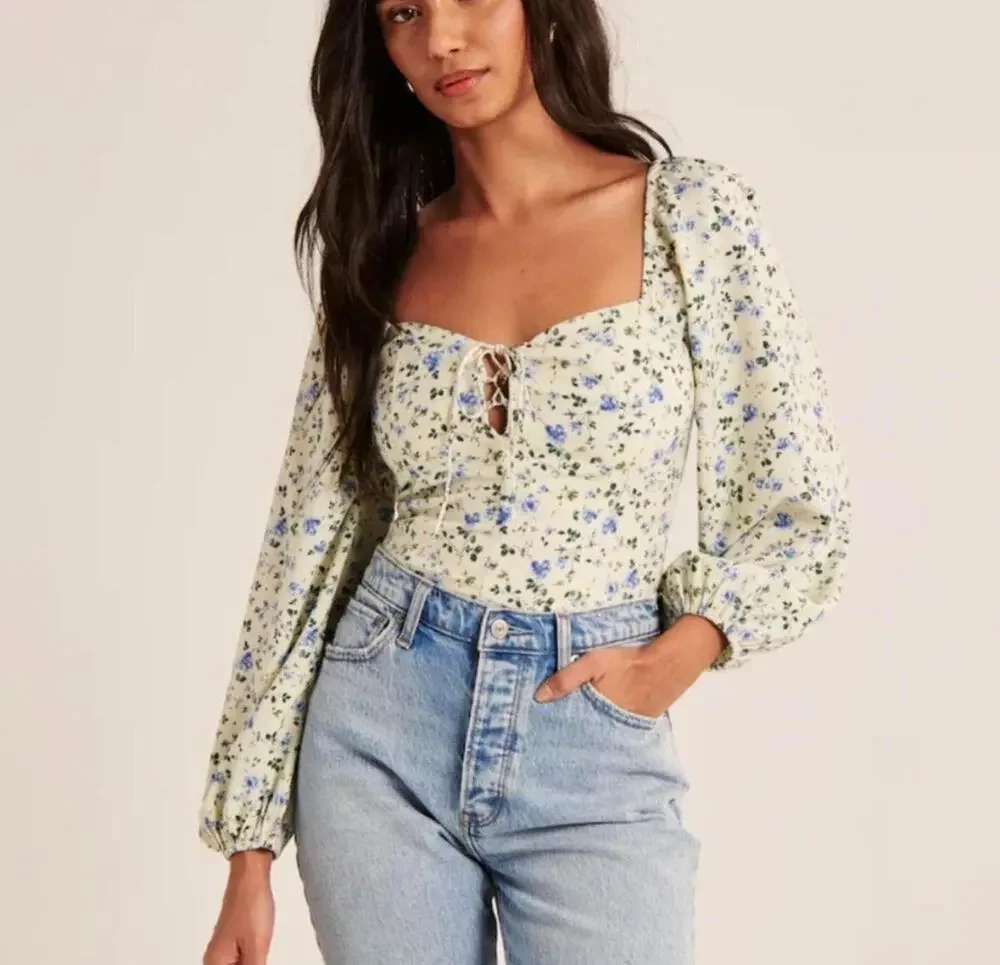 Abercrombie Light Green & Blue Ditzy Floral Puff Sleeve Cottagecore Blouse